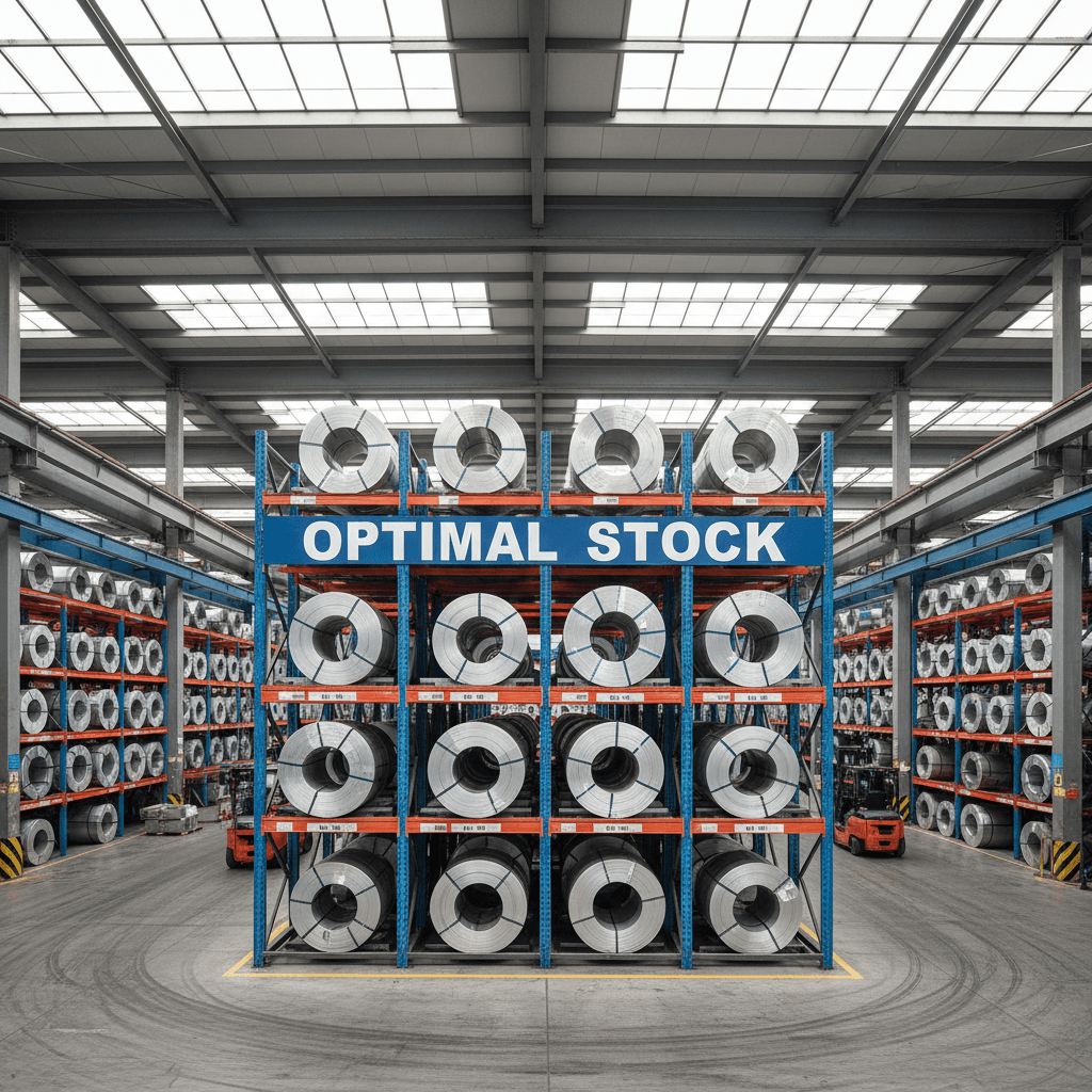 Stainless steel coils organized on warehouse racks