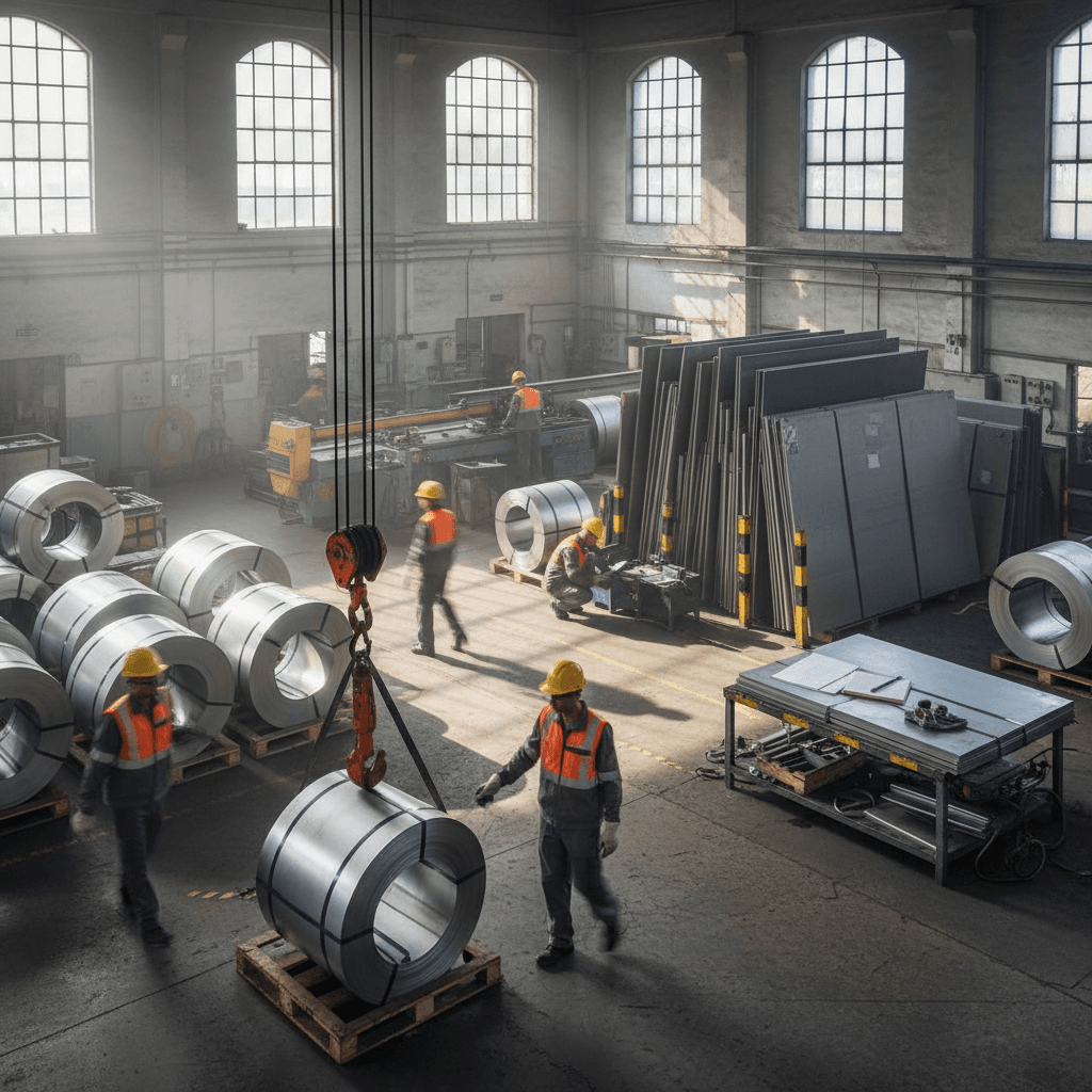 Fabrication workshop actively processing stainless steel materials