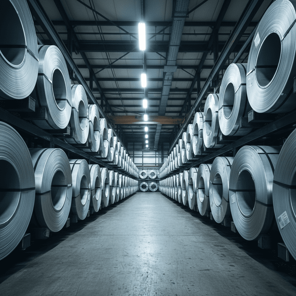 Stainless steel coils organized in warehouse storage