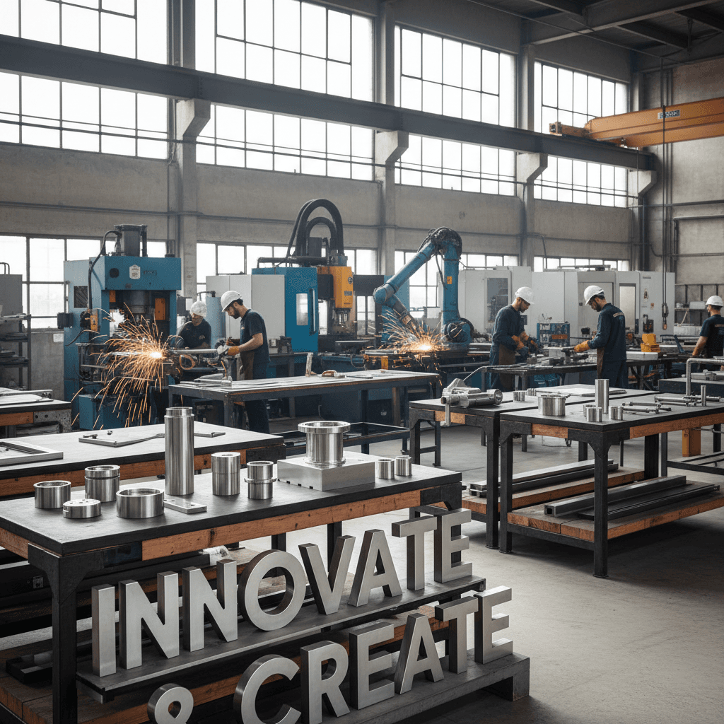 Fresh energetic aesthetic wide shot of an industrial manufacturer's fabrication workshop, with workers in background using stainless steel materials to create products.