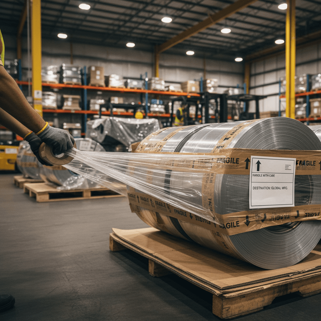 Stainless steel materials being wrapped and packaged for delivery