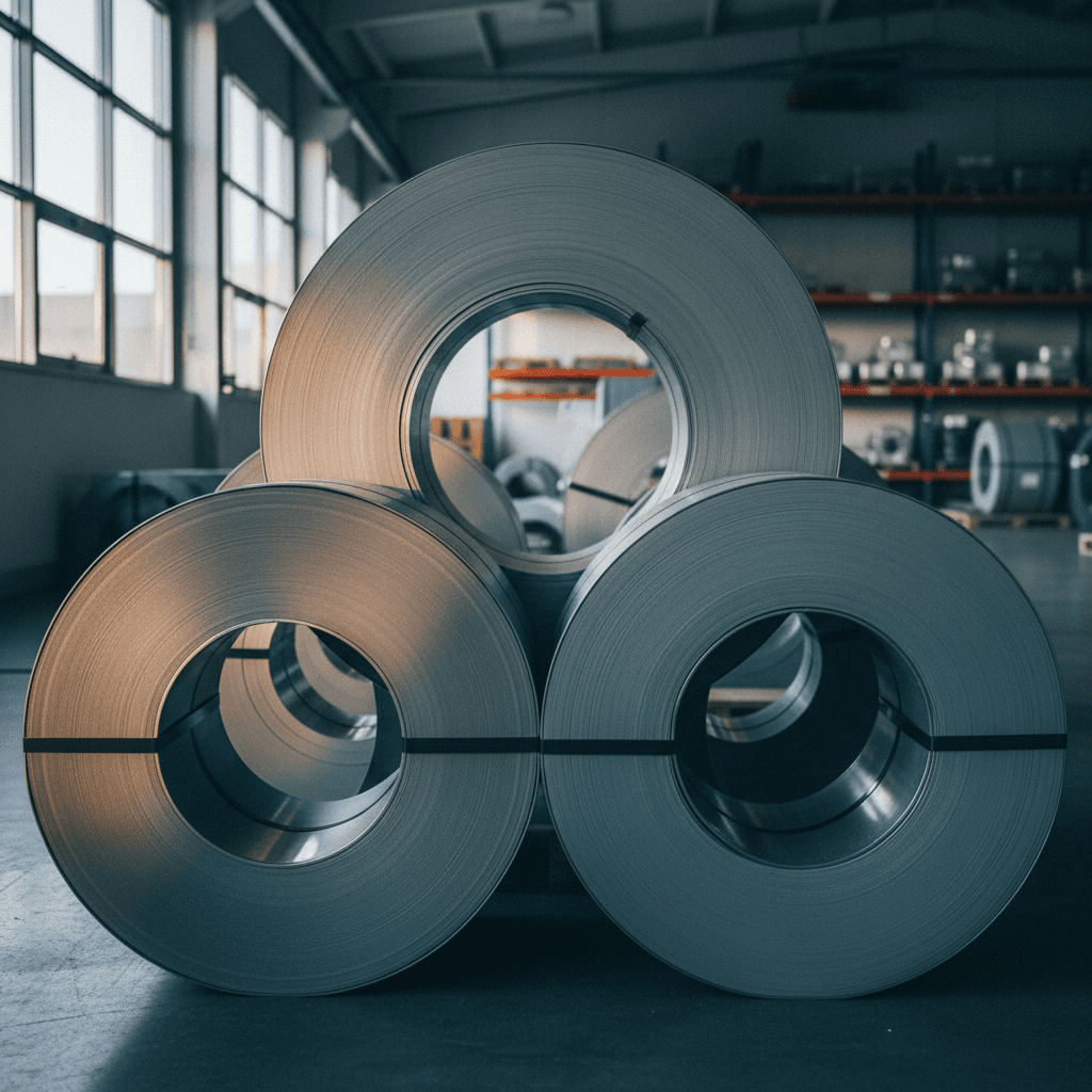 Multiple stainless steel coils arranged in warehouse showing inventory depth
