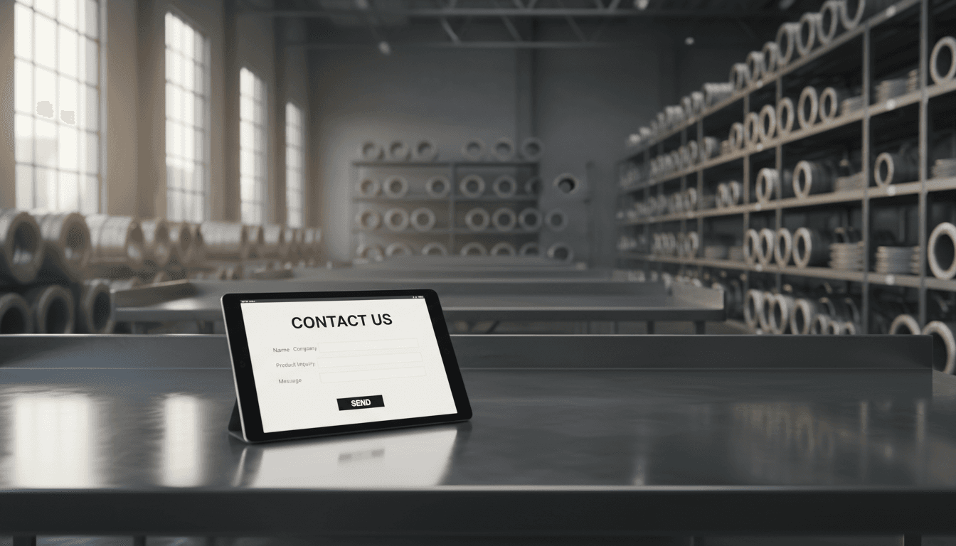 Contact form displayed in a modern industrial warehouse setting with stainless steel materials