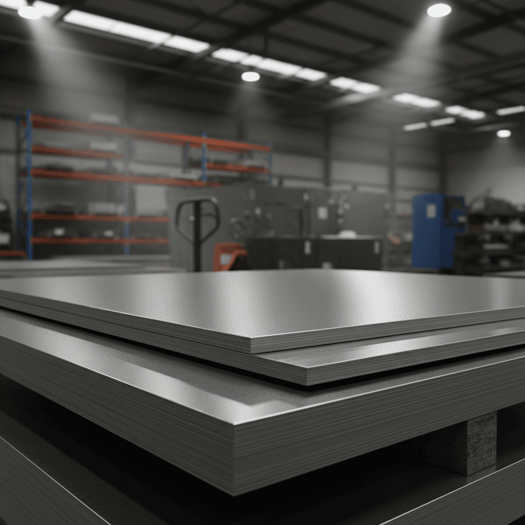 Stainless steel sheets stacked in warehouse