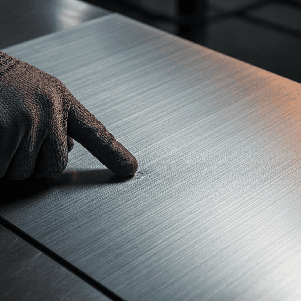 Worker inspecting stainless steel sheet quality