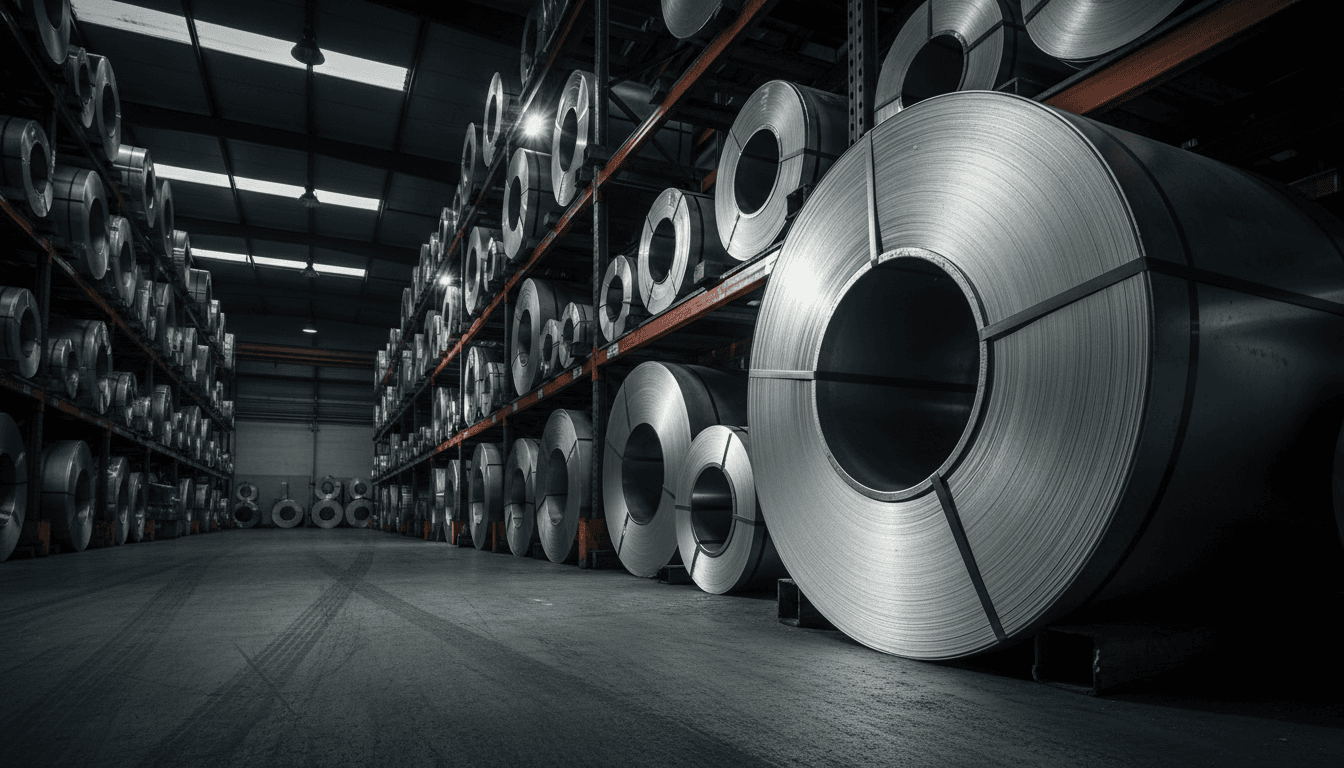 Organized stainless steel coils in industrial warehouse with dramatic lighting