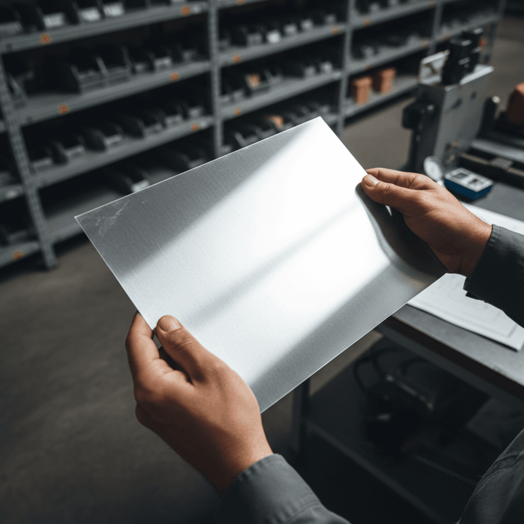 Quality control specialist inspecting stainless steel sheet material sample